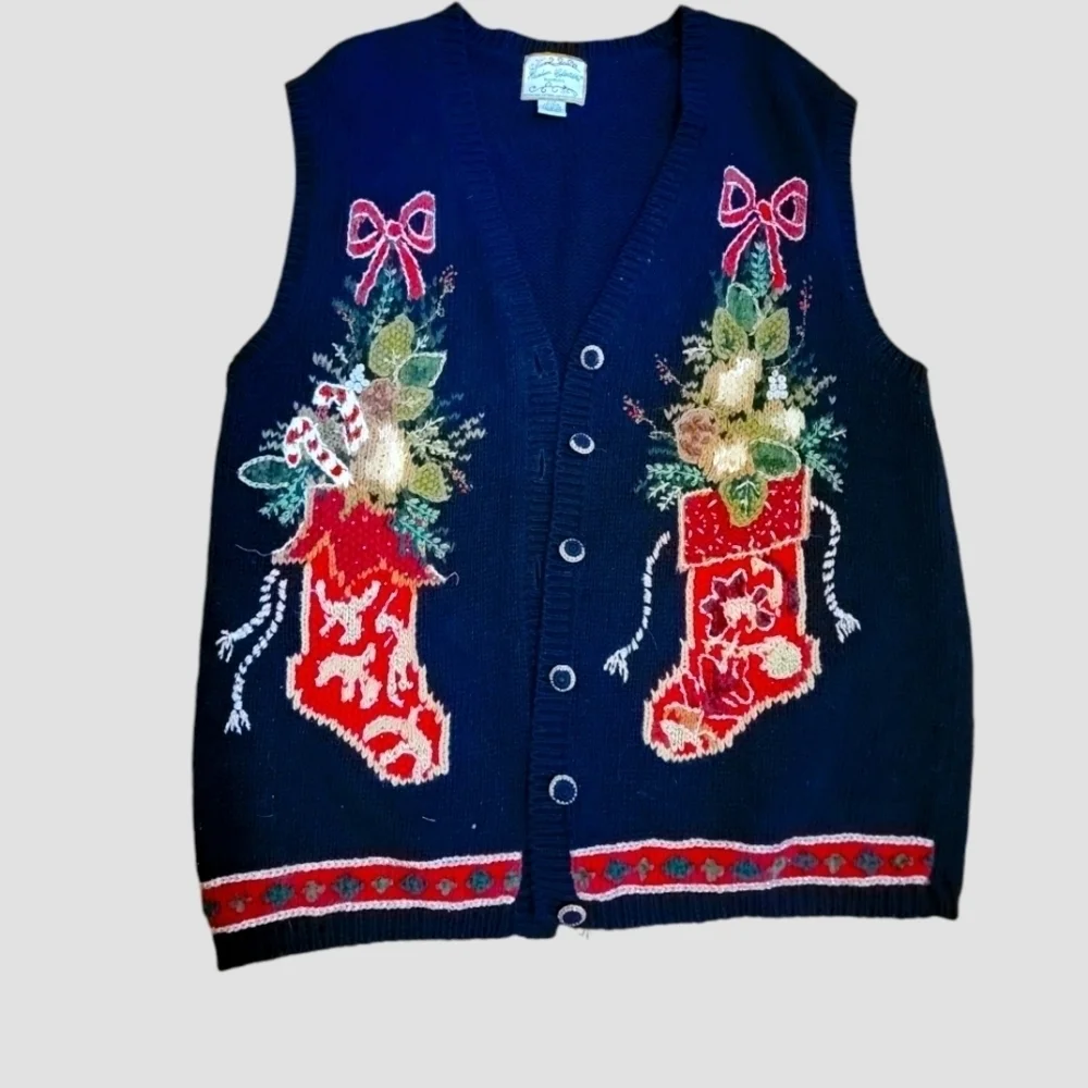 Sz 22/24 Vtg Heirloom Collectibles Cardigan Sweater Vest Christmas Sparkle T34